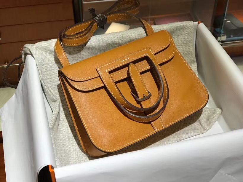 Hermes 爱马仕 Halzan swift 金棕色 银扣 配全套专柜原版包装