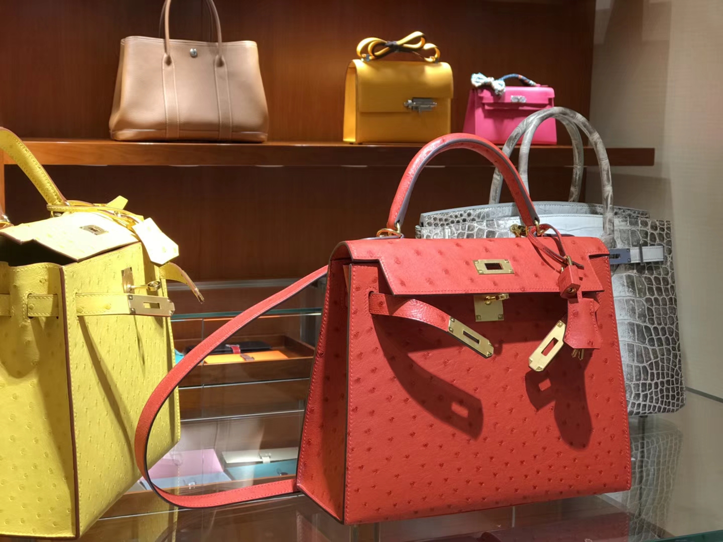 凯莉包 Kelly 25cm 28cm 鸵鸟皮 爱马仕红 55 Rougeh 纯手工 金银扣 配全套专柜原版包装