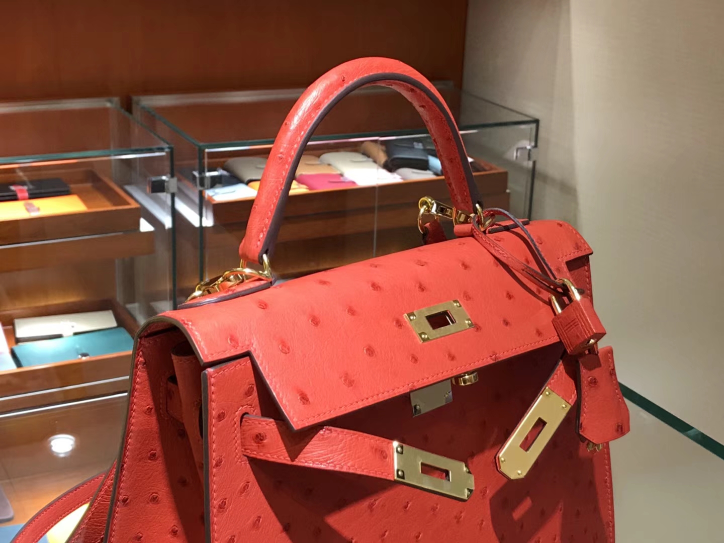凯莉包 Kelly 25cm 28cm 鸵鸟皮 爱马仕红 55 Rougeh 纯手工 金银扣 配全套专柜原版包装