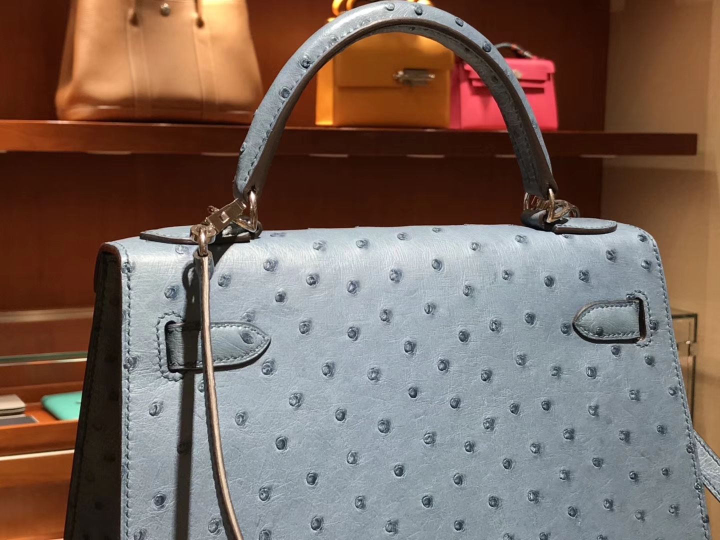 凯莉包 Kelly 25cm 28cm 鸵鸟皮 暴风蓝 Y7 Blue orage 金银扣都可以定制 配全套专柜原版包装