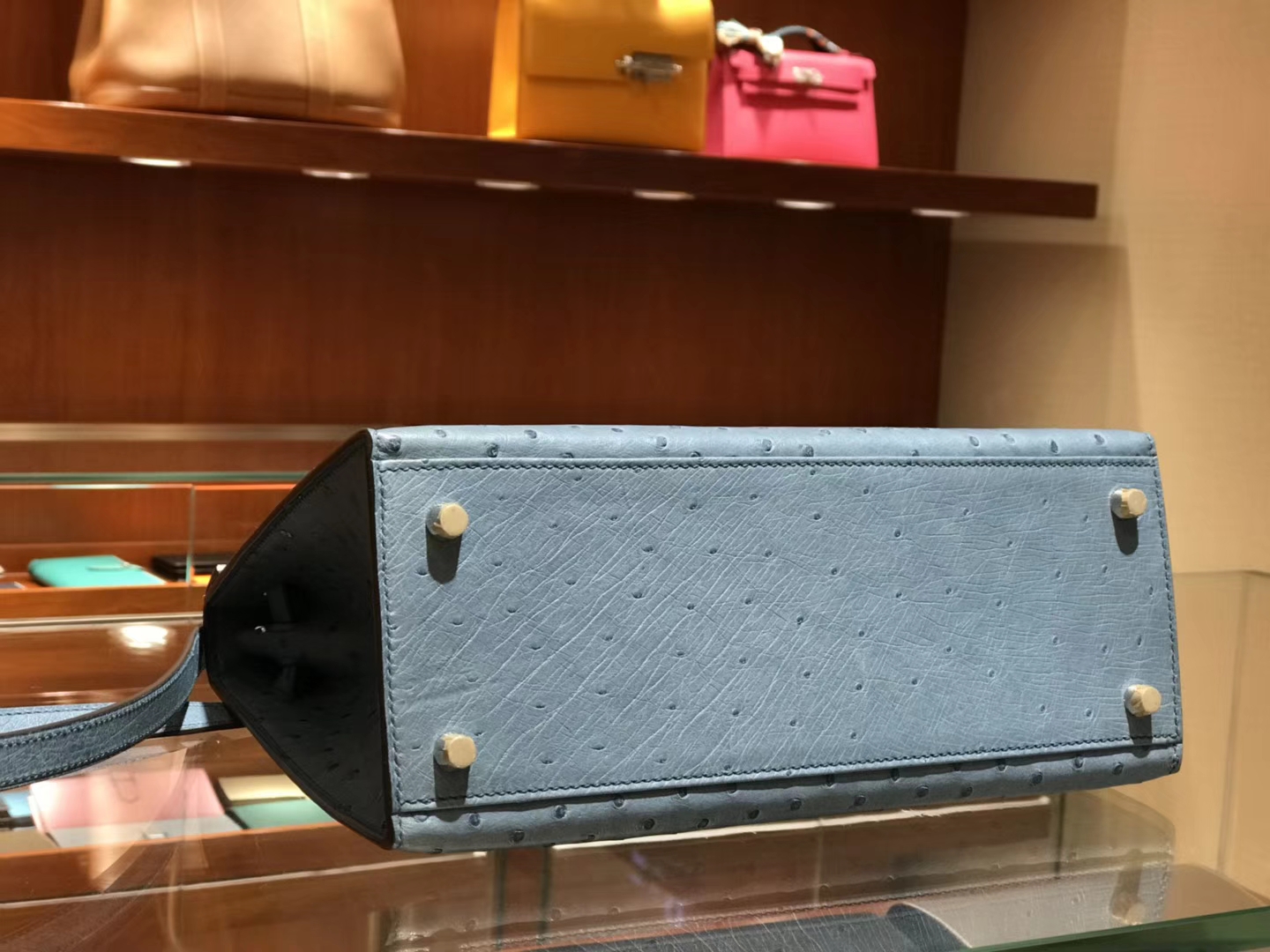 凯莉包 Kelly 25cm 28cm 鸵鸟皮 暴风蓝 Y7 Blue orage 金银扣都可以定制 配全套专柜原版包装