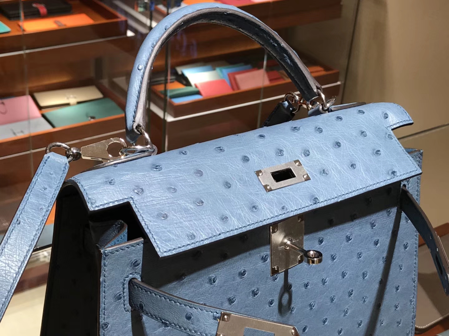 凯莉包 Kelly 25cm 28cm 鸵鸟皮 暴风蓝 Y7 Blue orage 金银扣都可以定制 配全套专柜原版包装