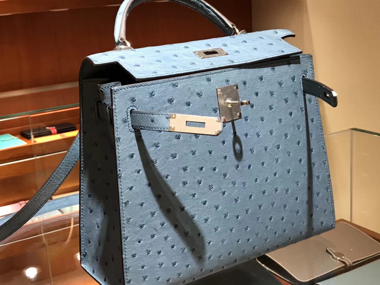 凯莉包 Kelly 25cm 28cm 鸵鸟皮 暴风蓝 Y7 Blue orage 金银扣都可以定制 配全套专柜原版包装