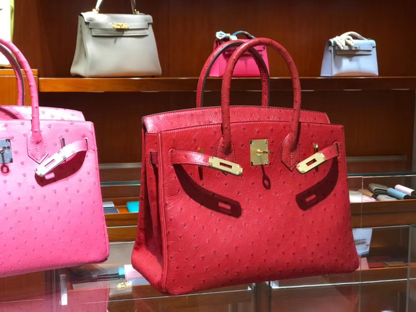 铂金包 Birkin 30cm 鸵鸟皮 中国红 3M Rouge Laque 金银扣都可以定制 配全套专柜原版包装