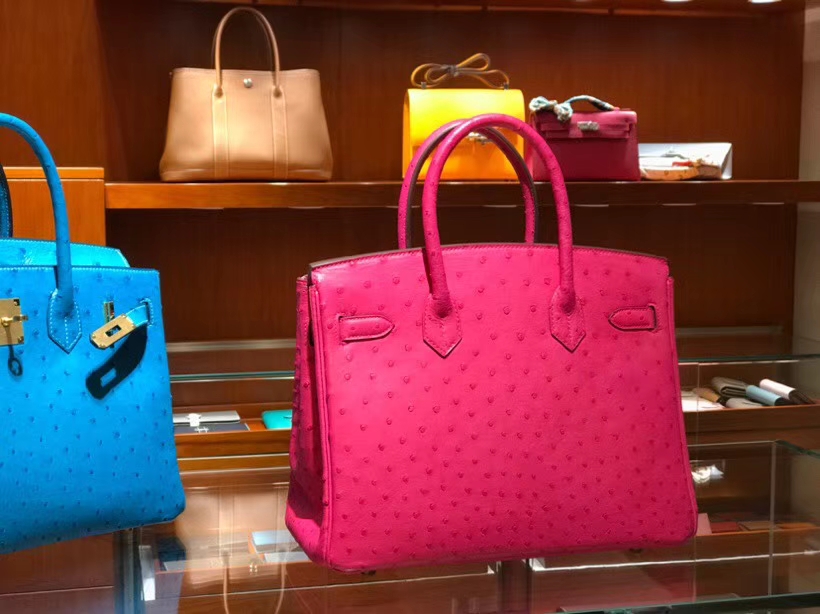 铂金包 Birkin 30cm 鸵鸟皮 桃红 E5 金银扣都可以定制 配全套专柜原版包装