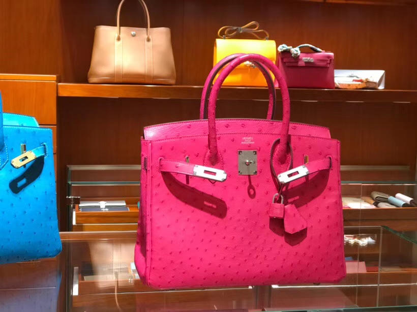 铂金包 Birkin 30cm 鸵鸟皮 桃红 E5 金银扣都可以定制 配全套专柜原版包装