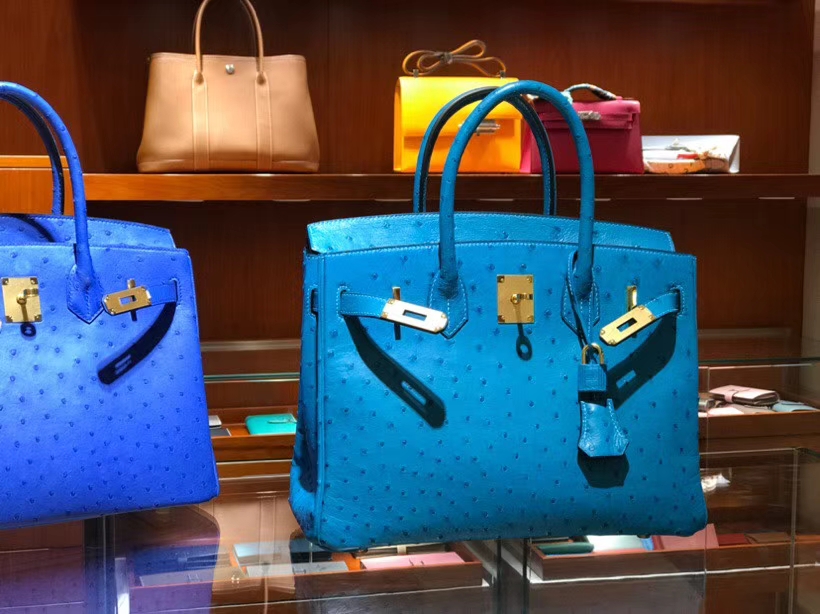铂金包 Birkin 30cm 湖水蓝 7V Blue Azteque 鸵鸟皮 金银扣都可以定制 配全套专柜原版包装