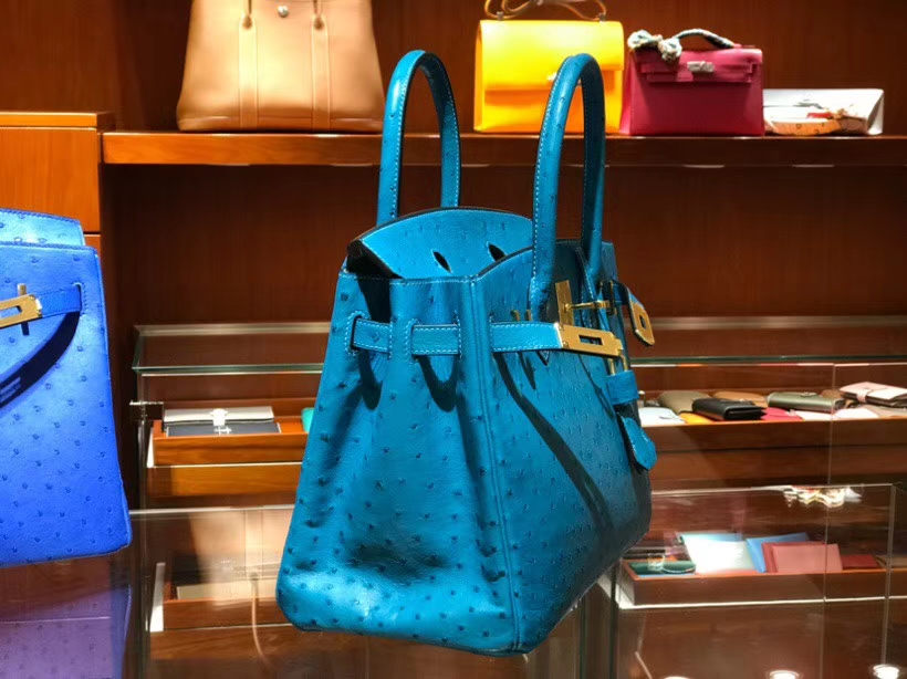 铂金包 Birkin 30cm 湖水蓝 7V Blue Azteque 鸵鸟皮 金银扣都可以定制 配全套专柜原版包装