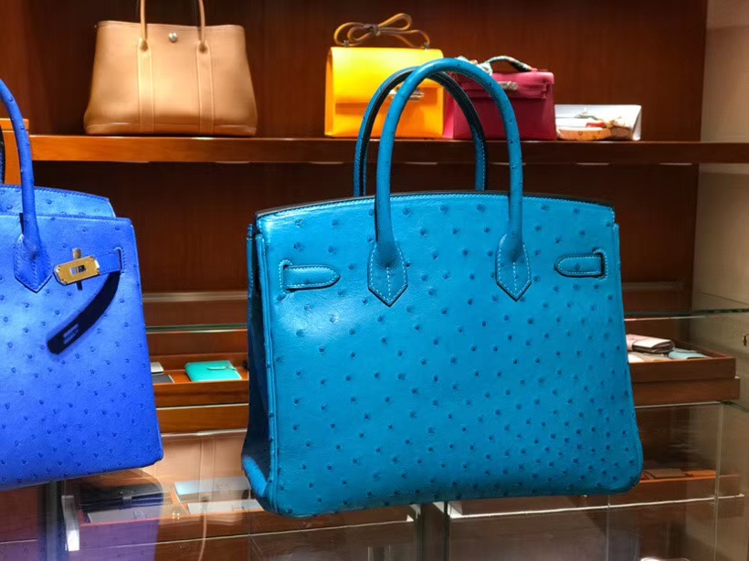 铂金包 Birkin 30cm 湖水蓝 7V Blue Azteque 鸵鸟皮 金银扣都可以定制 配全套专柜原版包装