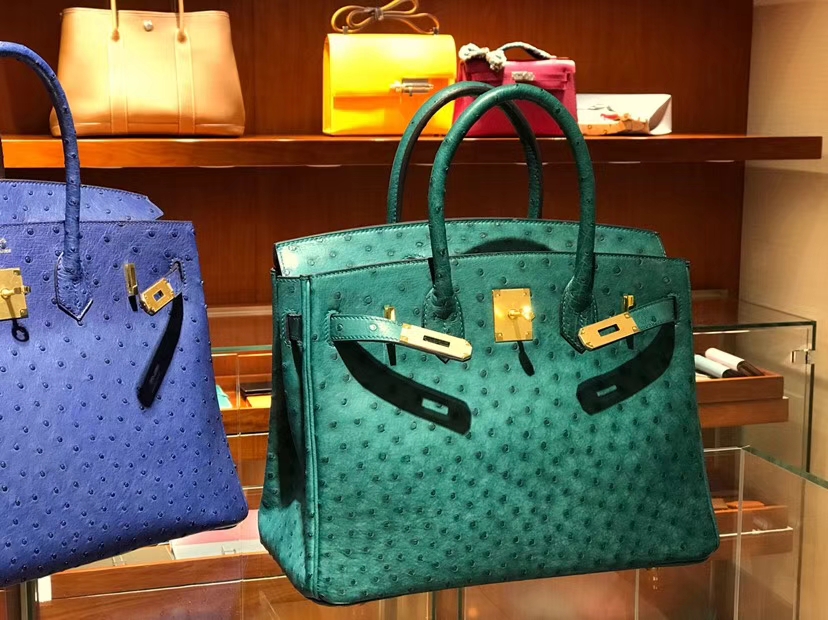 铂金包 Birkin 30cm 鸵鸟皮 孔雀绿 Z6 金银扣都可以定制 配全套专柜原版包装