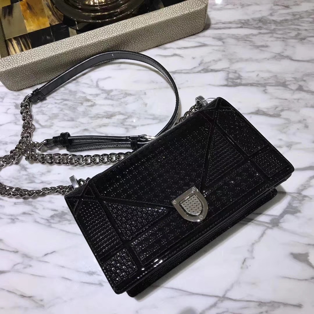 广州品牌包包定制 Dior腾格纹 黑色 漆皮 25cm/21cm