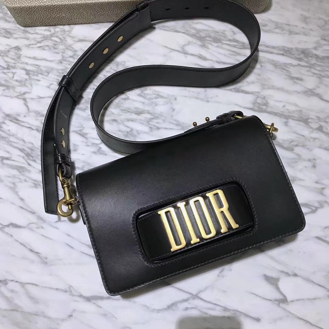 DIOR迪奥 翻盖牛皮包 25cm 黑色 金扣 