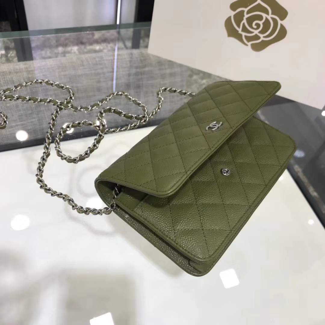 Chanel香奈儿 WOC  球纹 军绿色牛皮 银色五金