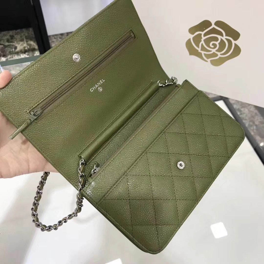Chanel香奈儿 WOC  球纹 军绿色牛皮 银色五金