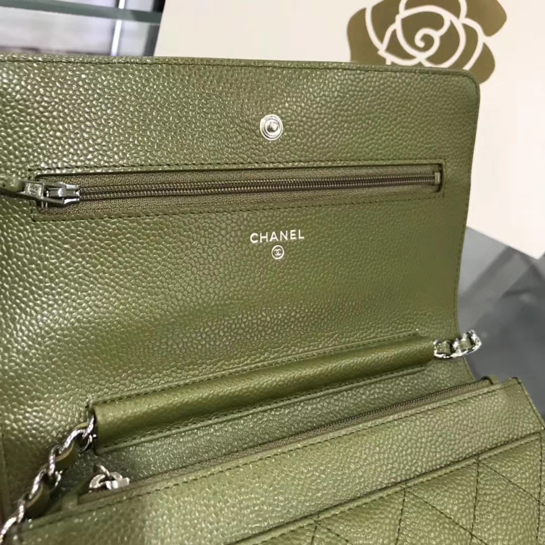 Chanel香奈儿 WOC  球纹 军绿色牛皮 银色五金