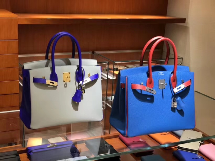 Birkin 25CM 电光蓝拼薄荷色 中蓝色拼爱马仕红 金银扣都可以定制 配全套专柜原版包装