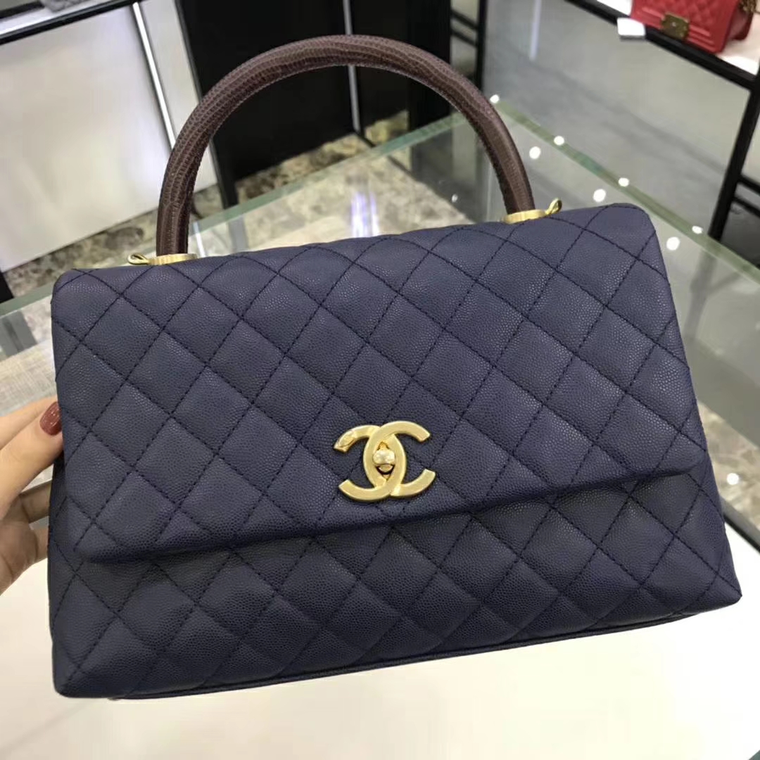 Chanel 香奈儿 CoCo Handle 顶级代购版本 28cm 蜥蜴小球纹 蓝色 金扣