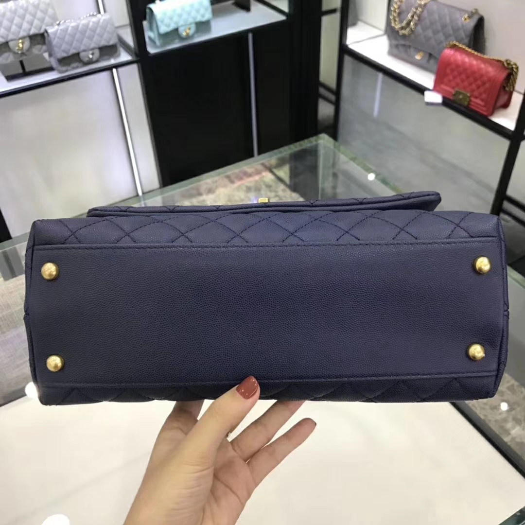 Chanel 香奈儿 CoCo Handle 顶级代购版本 28cm 蜥蜴小球纹 蓝色 金扣