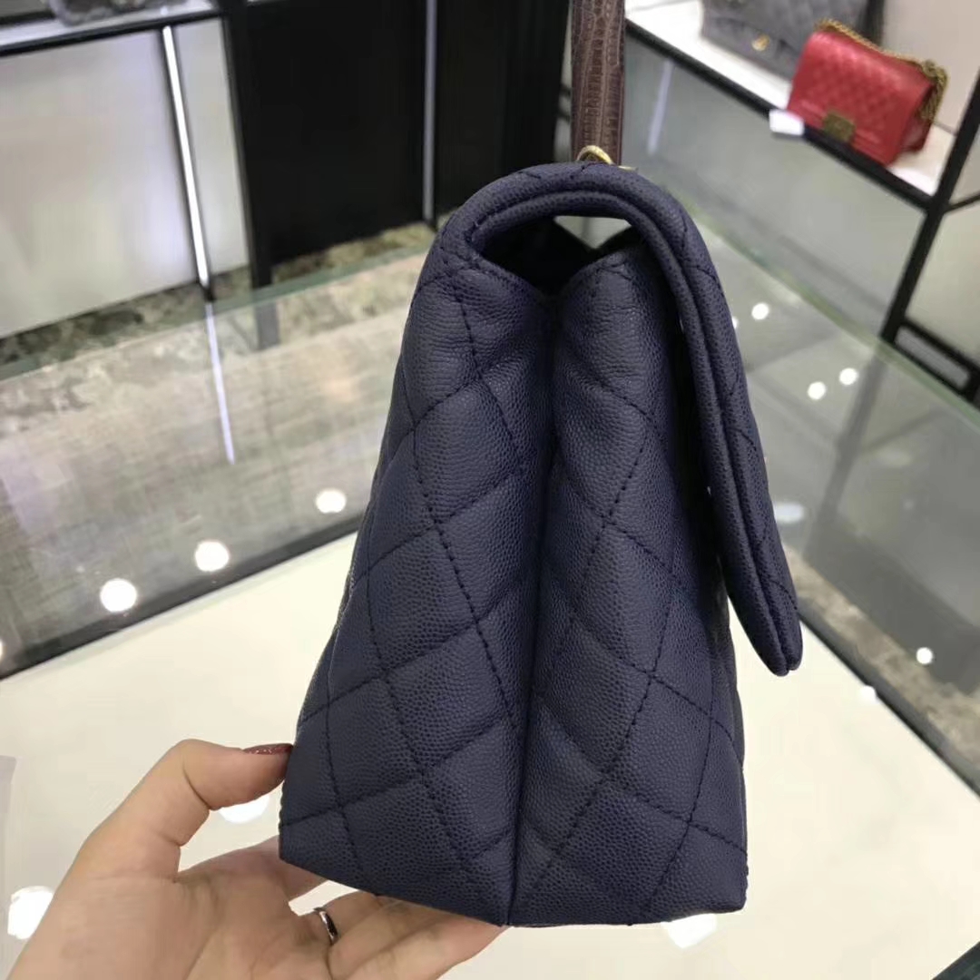 Chanel 香奈儿 CoCo Handle 顶级代购版本 28cm 蜥蜴小球纹 蓝色 金扣