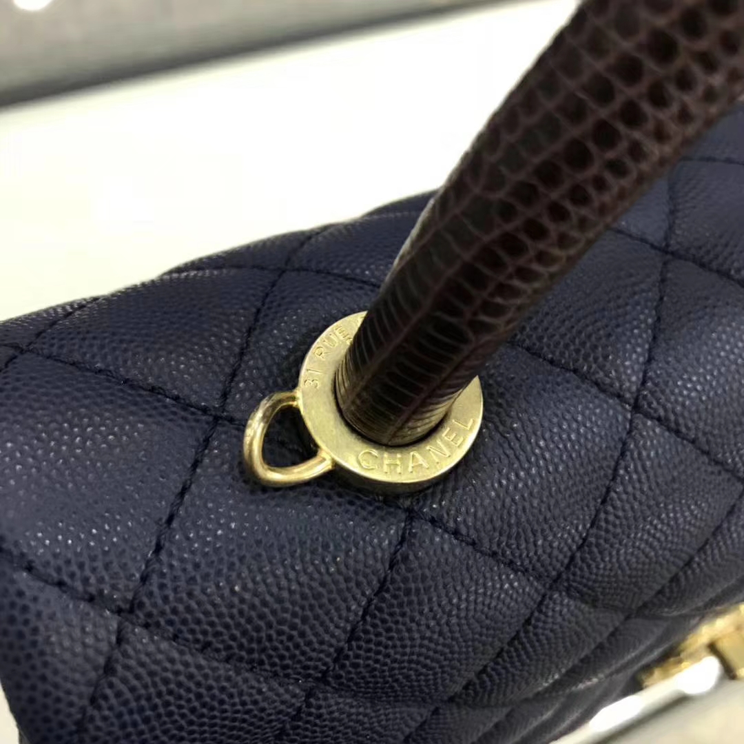 Chanel 香奈儿 CoCo Handle 顶级代购版本 28cm 蜥蜴小球纹 蓝色 金扣