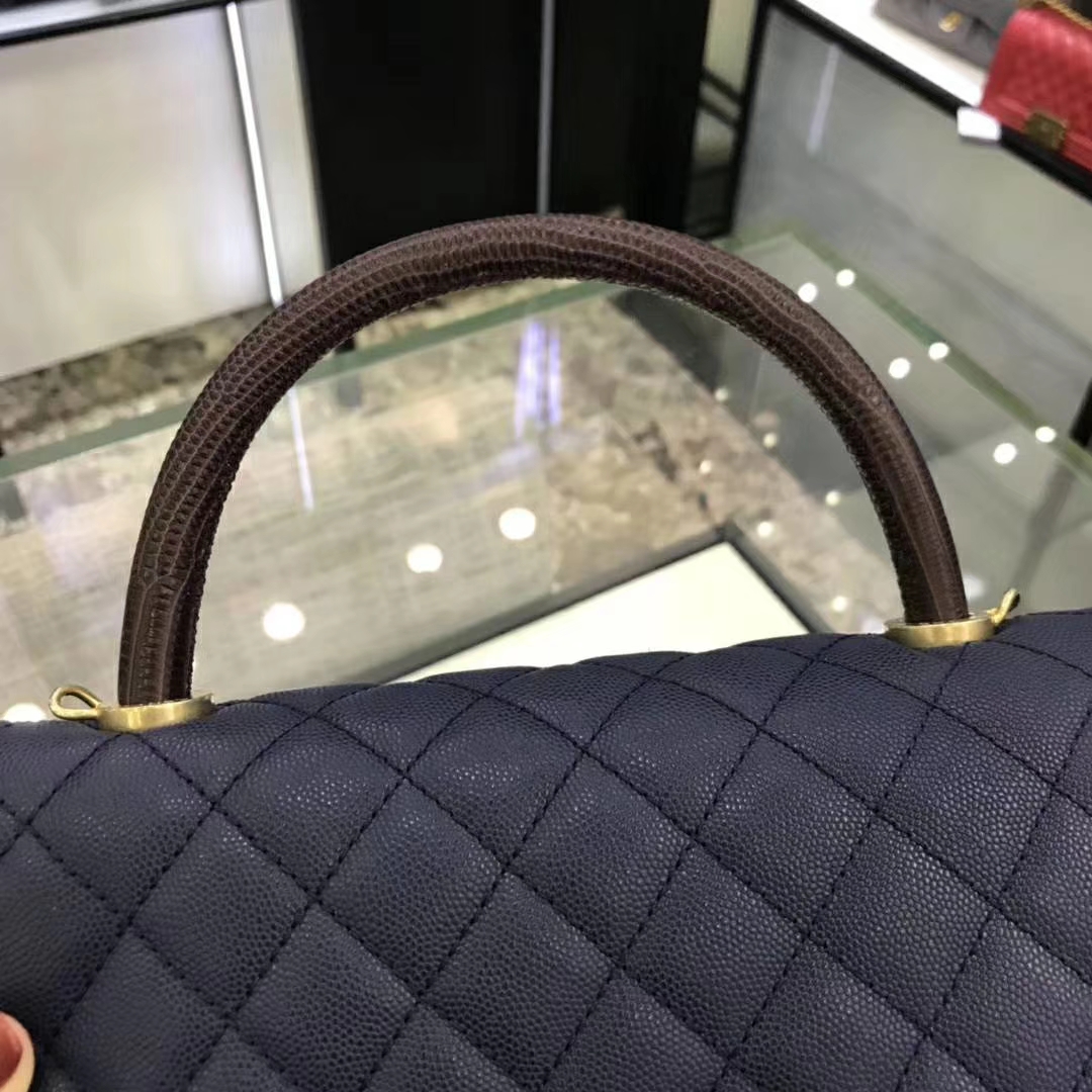 Chanel 香奈儿 CoCo Handle 顶级代购版本 28cm 蜥蜴小球纹 蓝色 金扣