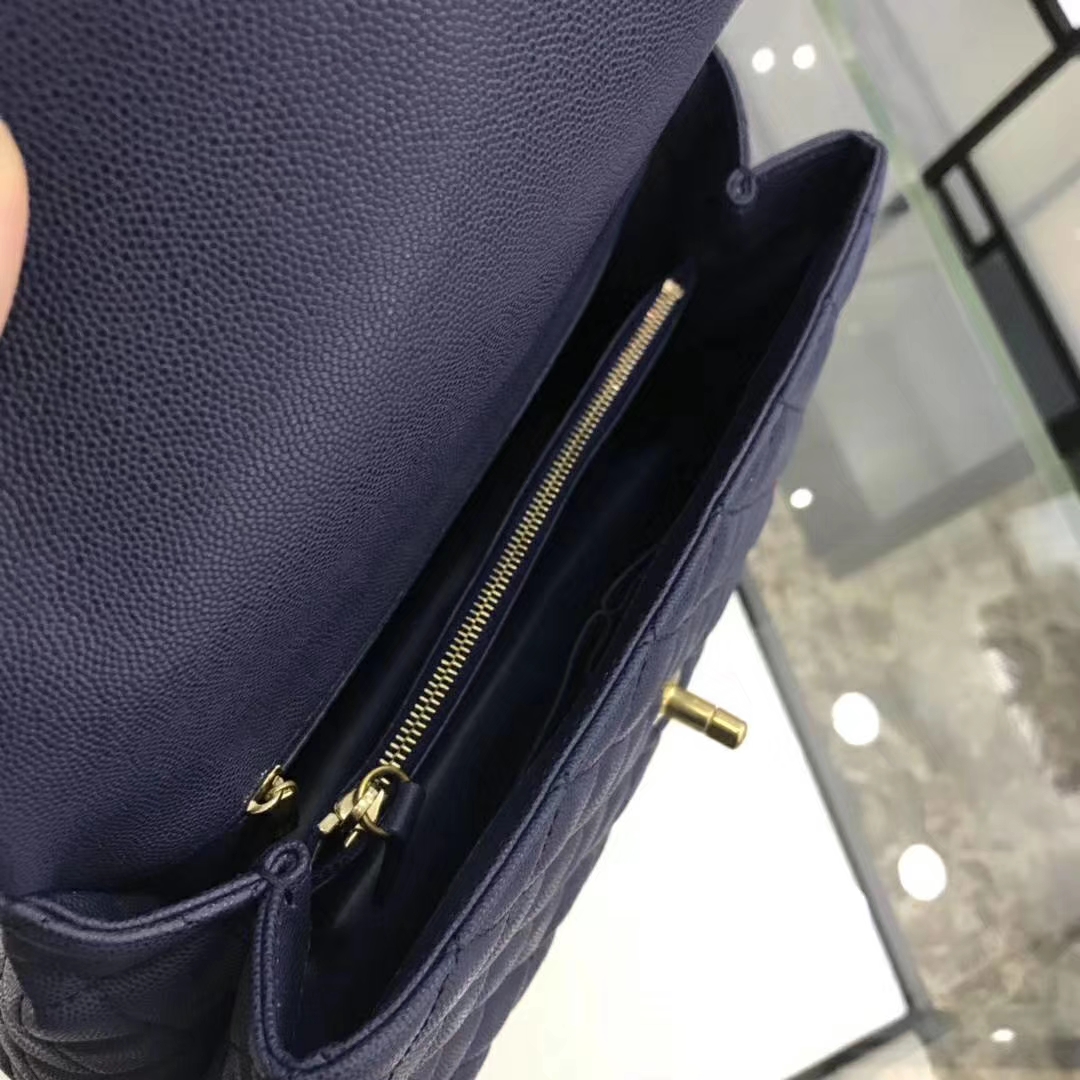 Chanel 香奈儿 CoCo Handle 顶级代购版本 28cm 蜥蜴小球纹 蓝色 金扣