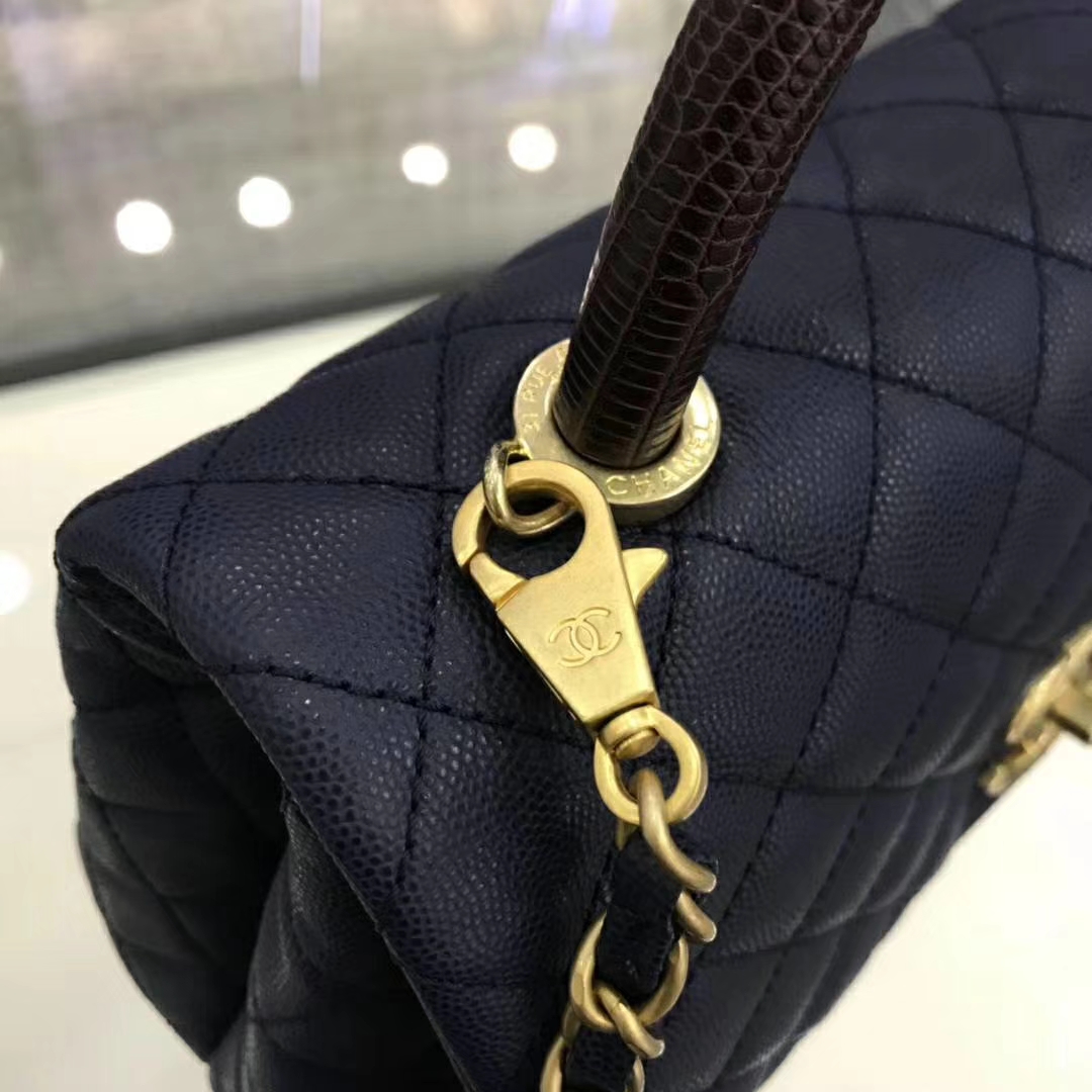 Chanel 香奈儿 CoCo Handle 顶级代购版本 28cm 蜥蜴小球纹 蓝色 金扣