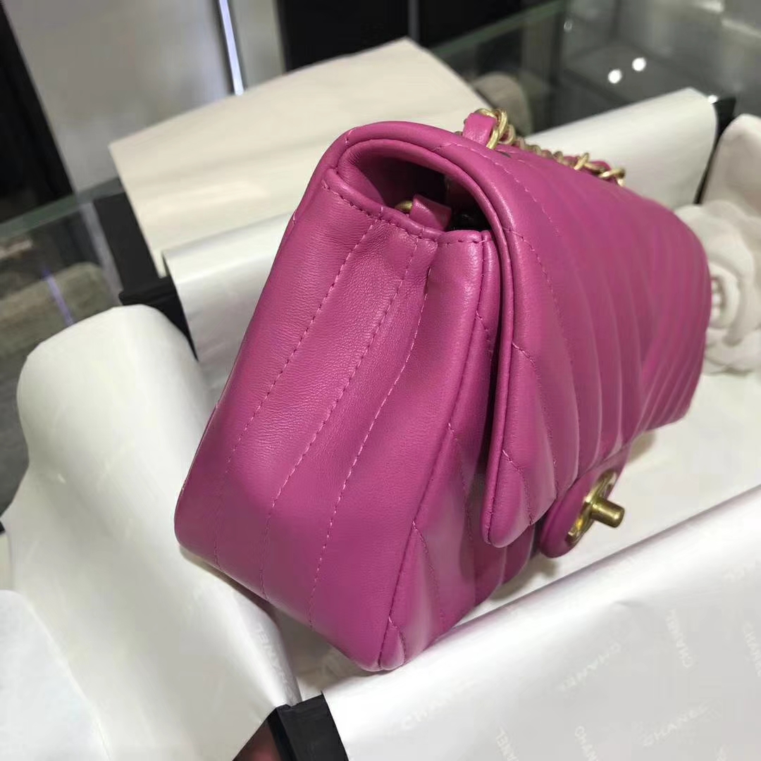 Chanel 香奈儿 VZ系列 20cm 进口小羊皮 玫红 金扣