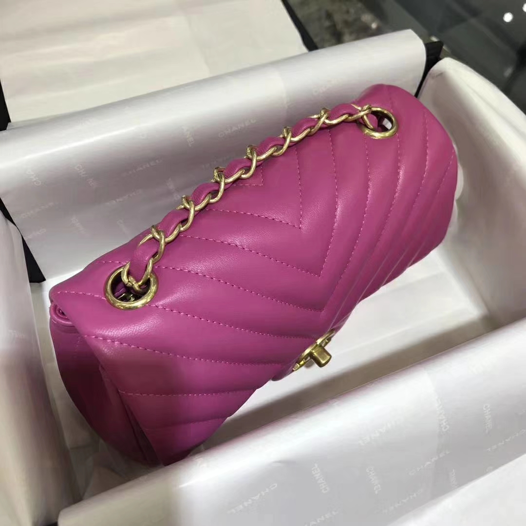 Chanel 香奈儿 VZ系列 20cm 进口小羊皮 玫红 金扣
