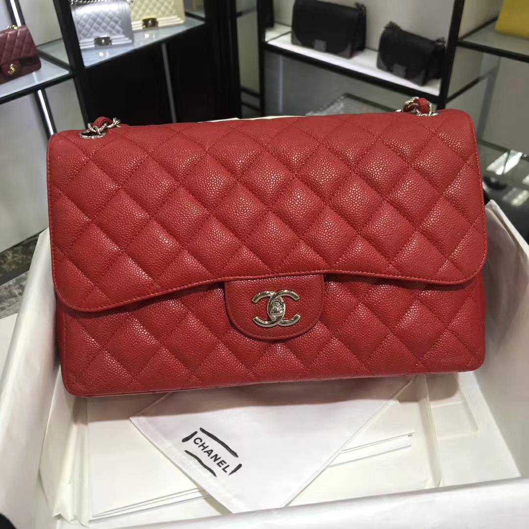 Chanel 香奈儿 Cf系列 30cm 进口鱼子酱 大红色 银扣