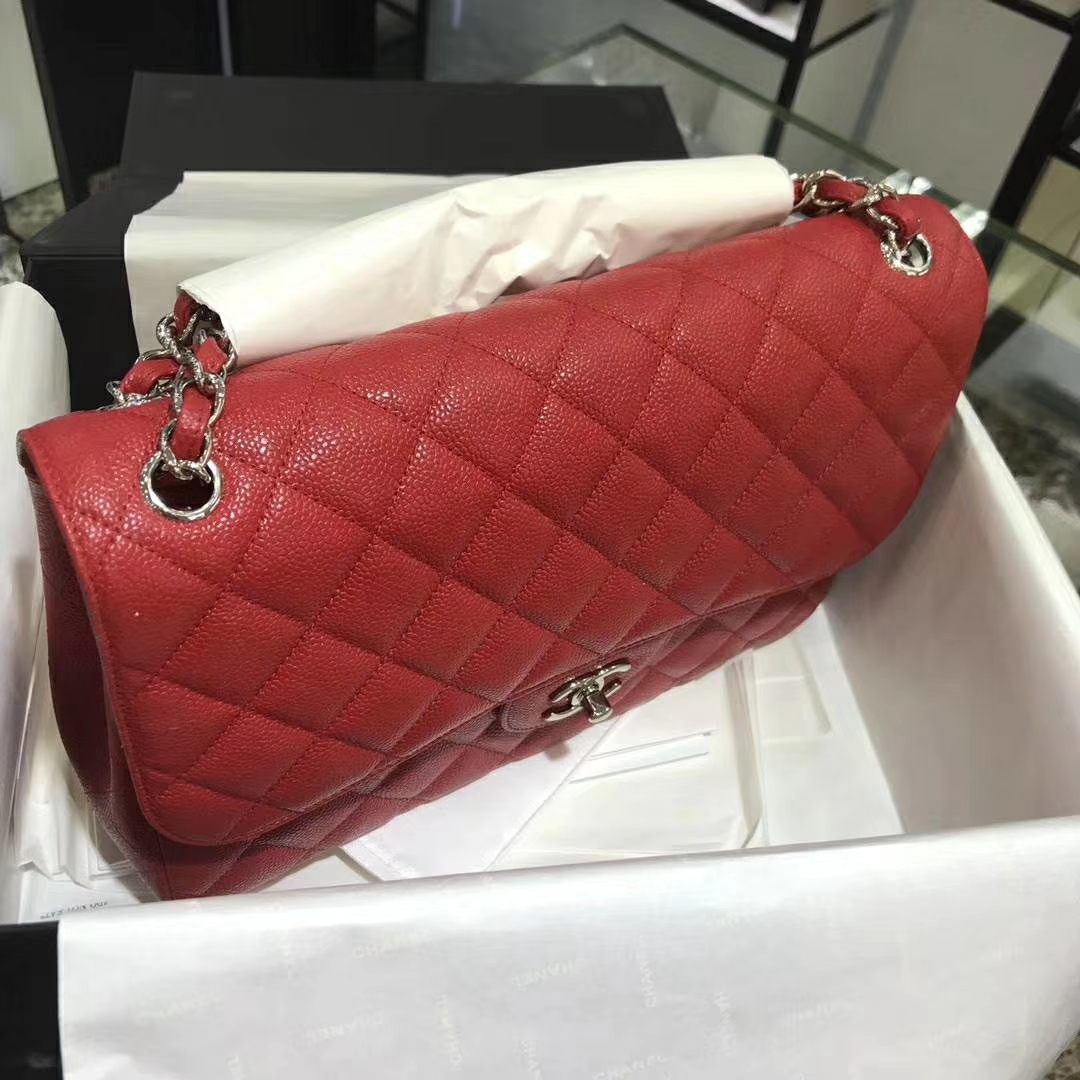 Chanel 香奈儿 Cf系列 30cm 进口鱼子酱 大红色 银扣