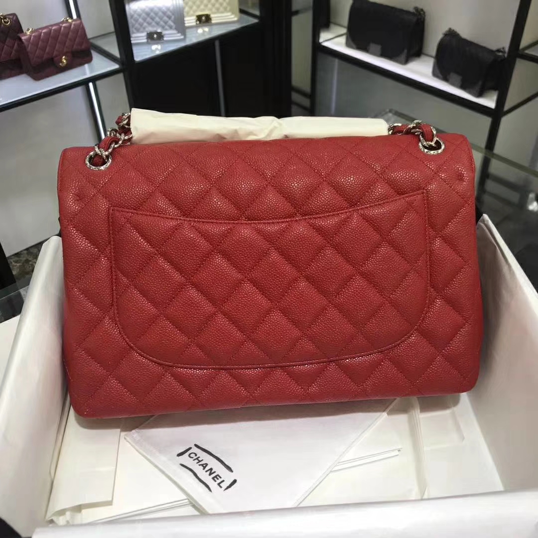 Chanel 香奈儿 Cf系列 30cm 进口鱼子酱 大红色 银扣
