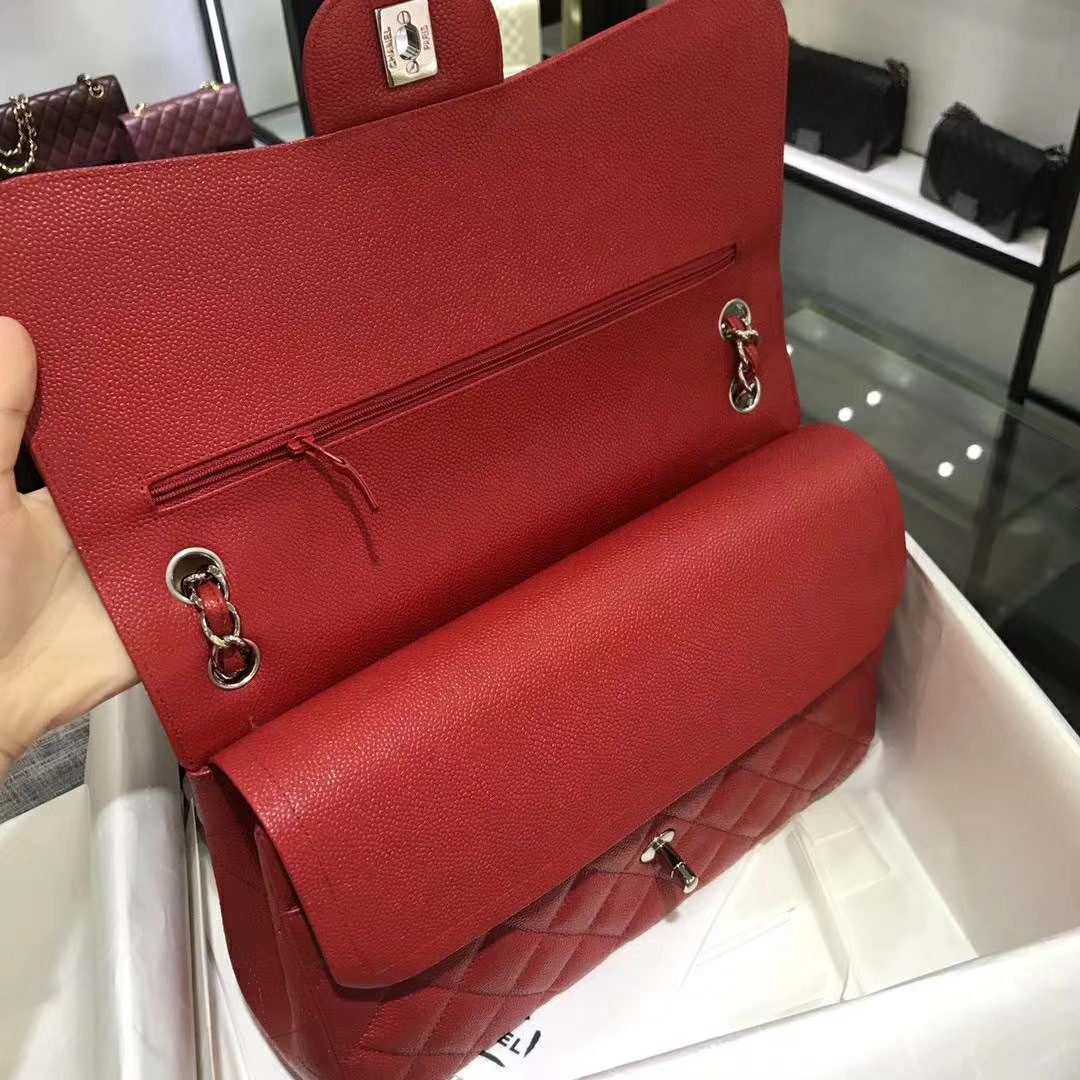 Chanel 香奈儿 Cf系列 30cm 进口鱼子酱 大红色 银扣