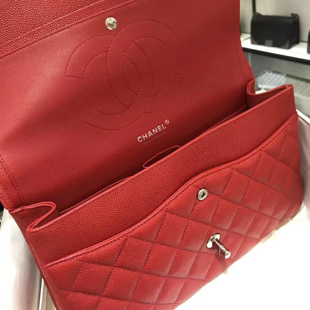Chanel 香奈儿 Cf系列 30cm 进口鱼子酱 大红色 银扣