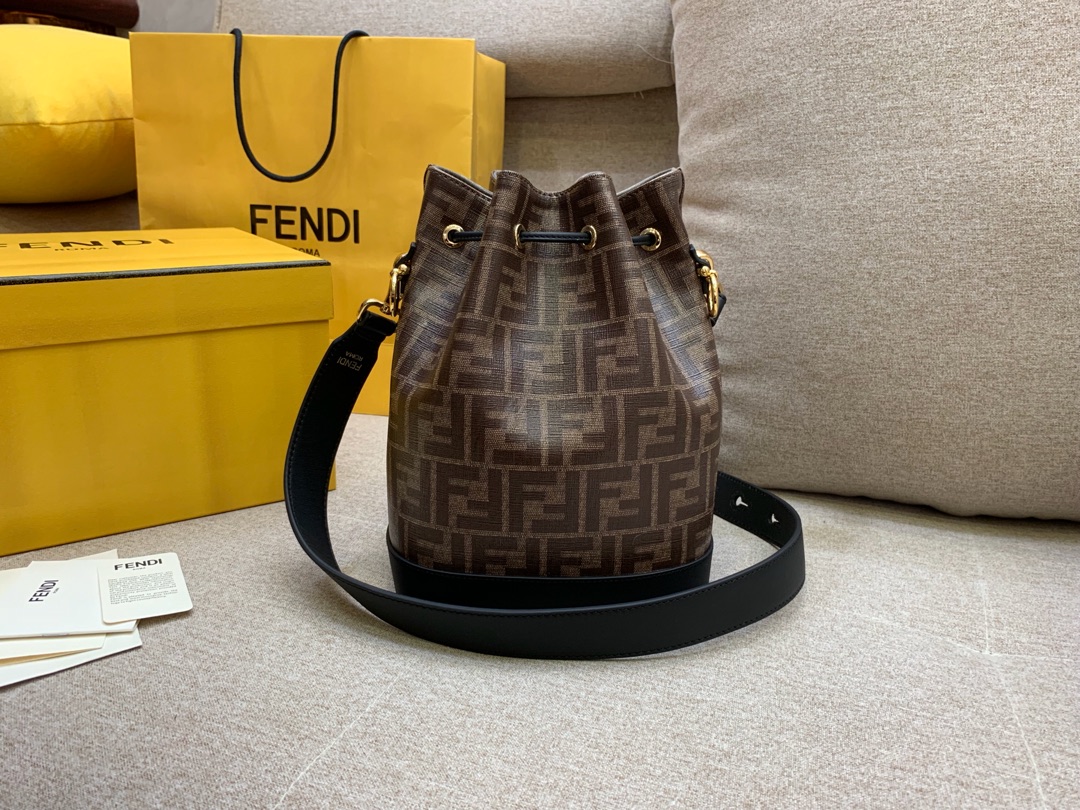 Fendi 芬迪 Mon Tresor 水桶包 棕色提花FF图案 24x17x15cm 黑配咖色5539-2