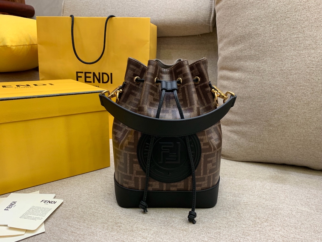Fendi 芬迪 Mon Tresor 水桶包 棕色提花FF图案 24x17x15cm 黑配咖色5539-2