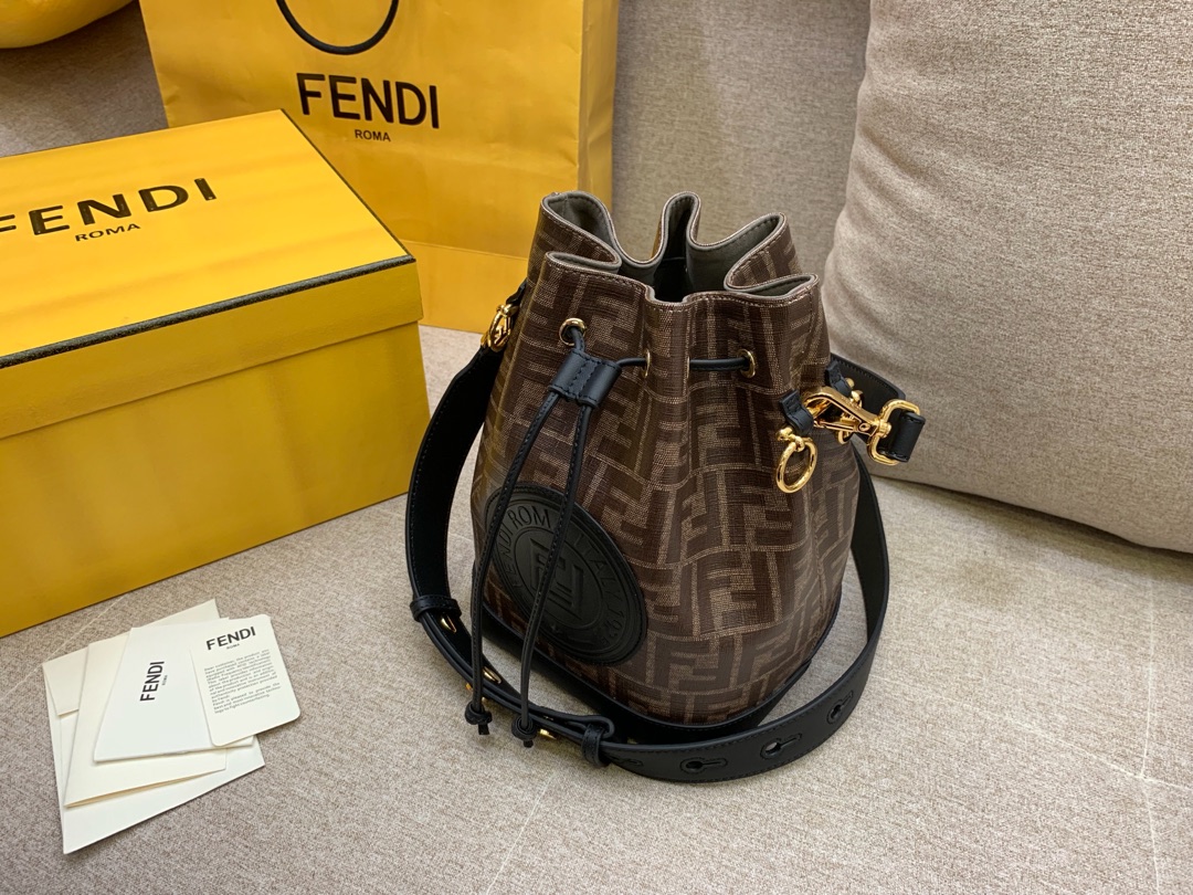 Fendi 芬迪 Mon Tresor 水桶包 棕色提花FF图案 24x17x15cm 黑配咖色5539-2