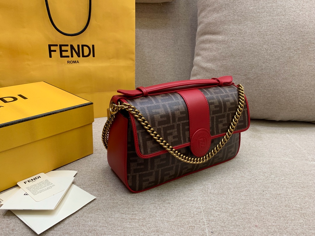 Fendi 芬迪现货 双面手提包 金属 F 图案 肩背斜跨手提 布压制对版面料 饰有棕色 FF 主题图 27x16x8cm-原单站_原单包包工厂货源 Fendi 芬迪现货 双面手提包 金属 F 图案 肩背斜跨手提 布压制对版面料 饰有棕色 FF 主题图 27x16x8cm