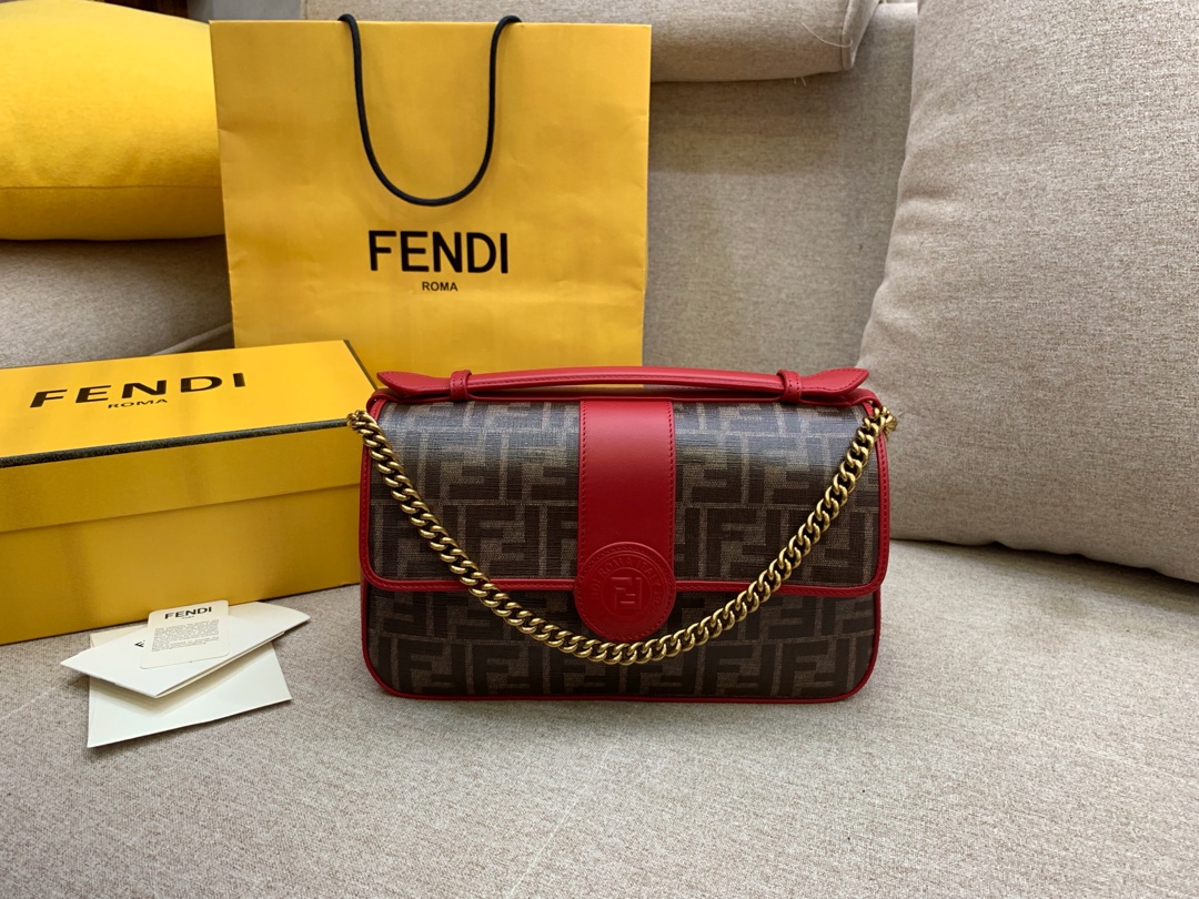 Fendi 芬迪现货 双面手提包 金属 F 图案 肩背斜跨手提 布压制对版面料 饰有棕色 FF 主题图 27x16x8cm-原单站_原单包包工厂货源 Fendi 芬迪现货 双面手提包 金属 F 图案 肩背斜跨手提 布压制对版面料 饰有棕色 FF 主题图 27x16x8cm