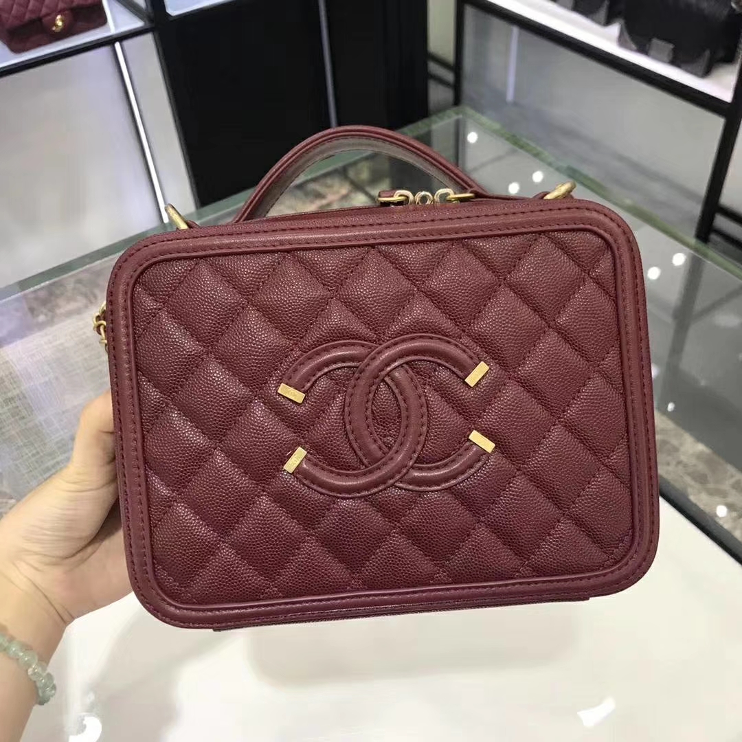 Chanel 香奈儿 化妆包  21cm 原厂皮小鱼子酱 枣红