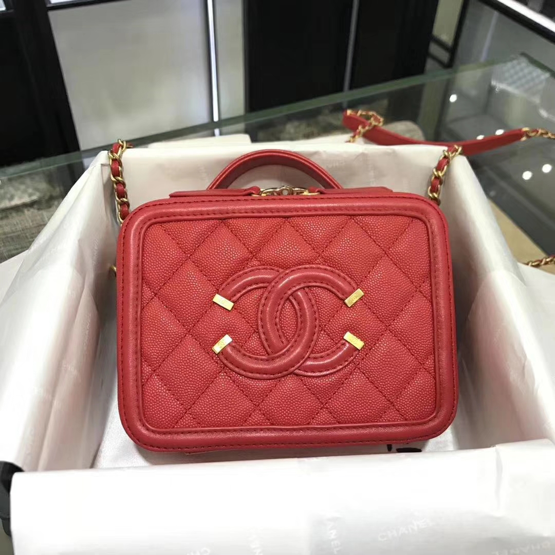 Chanel 香奈儿 化妆包 17cm 原厂皮小鱼子酱 西瓜红