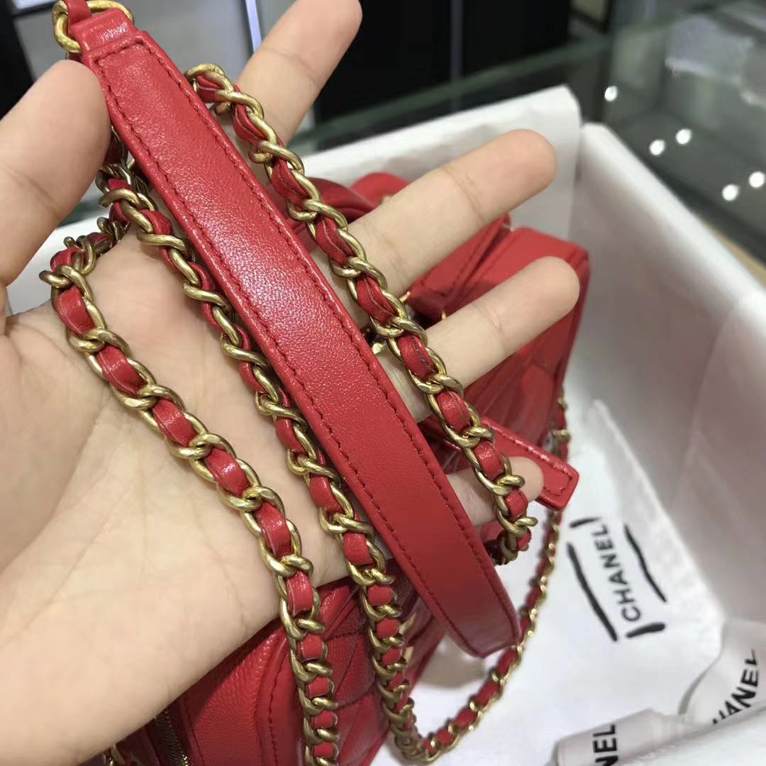 Chanel 香奈儿 化妆包 17cm 原厂皮小鱼子酱 西瓜红