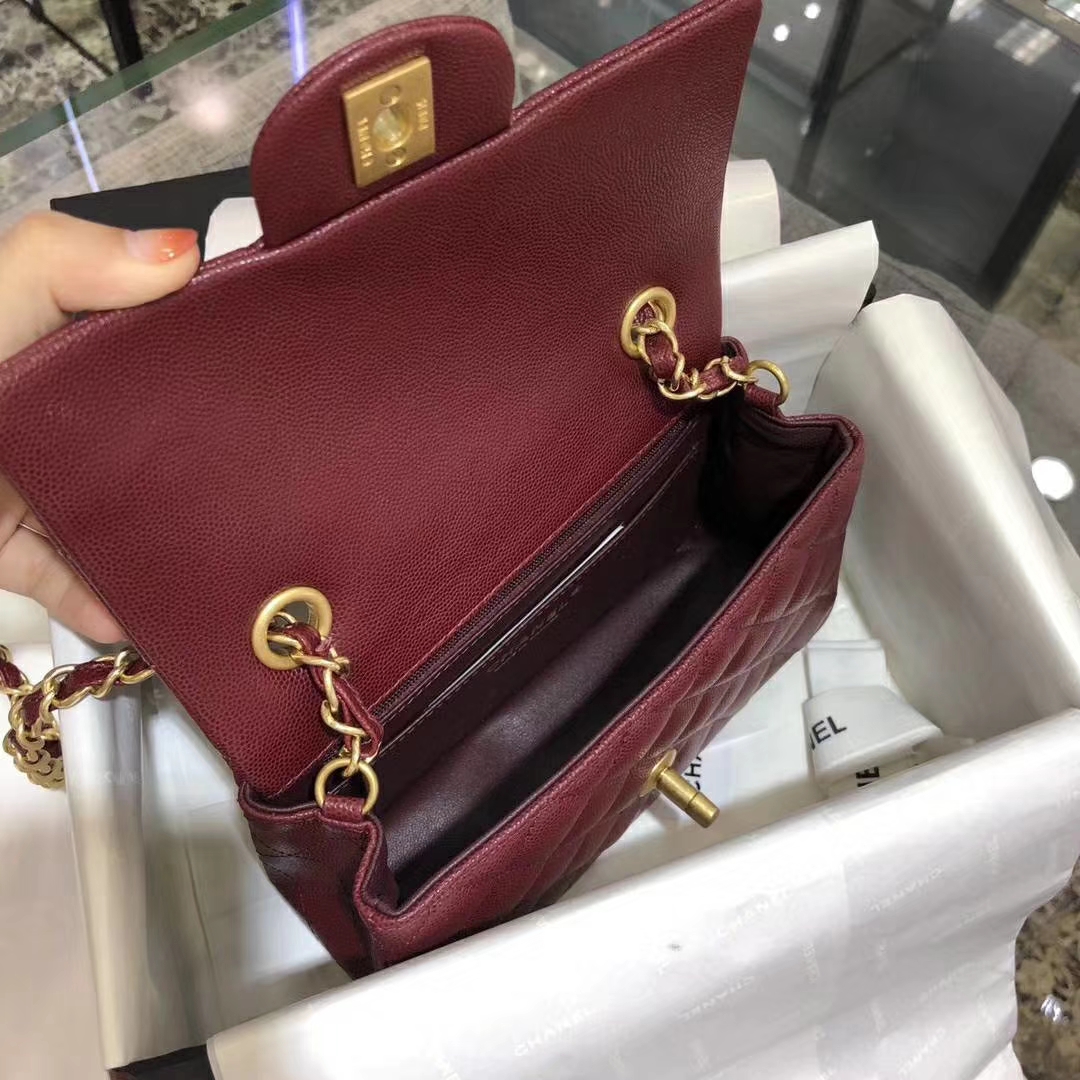 Chanel 香奈儿 Cf系列  20cm～进口小鱼籽酱～枣红～磨砂金扣