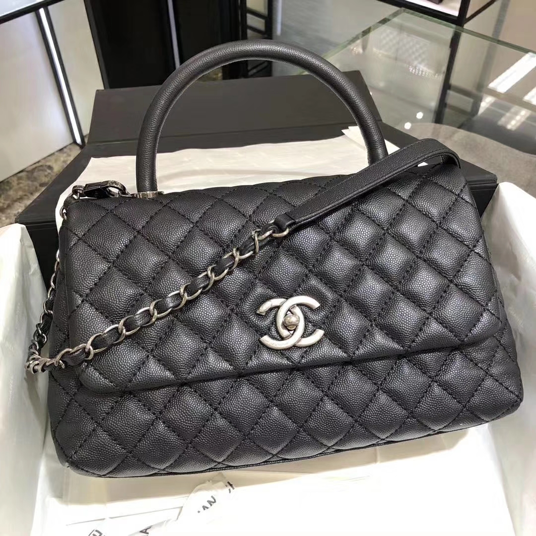 Chanel 香奈儿 CoCo Handle  28cm 进口小牛皮 球纹手柄 黑色 古银