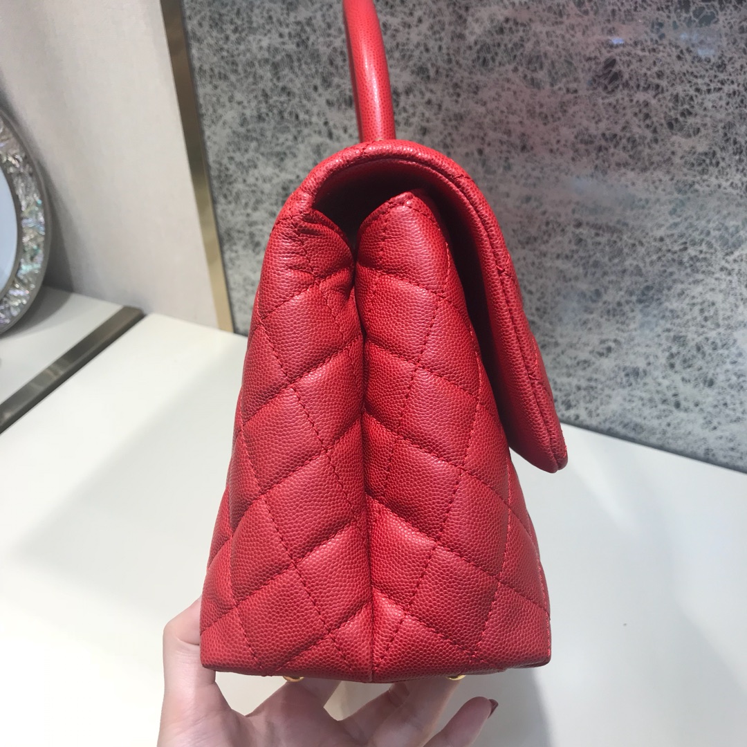 Coco Handle 顶级代购版本 28cm 原厂皮小鱼籽酱 大红色 小球手柄 特殊渠道原厂皮