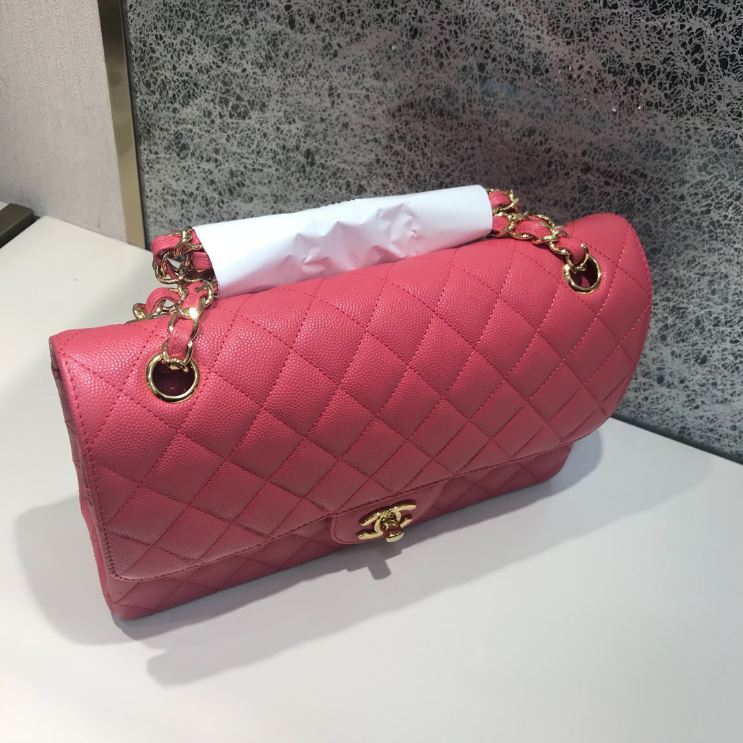 Chanel 香奈儿  Classic Flap 代购版本 25cm 进口小鱼籽酱 西瓜红 金扣