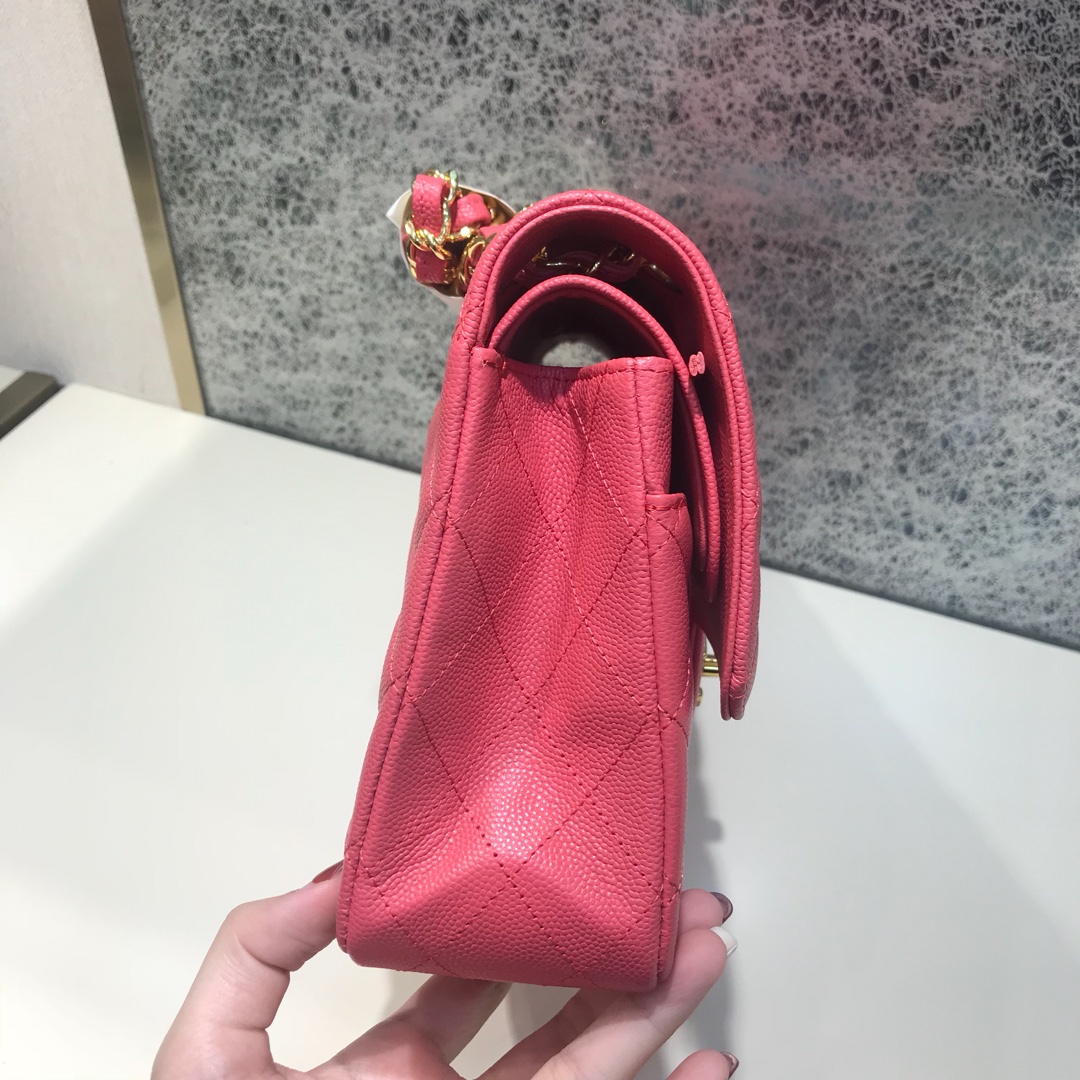 Chanel 香奈儿  Classic Flap 代购版本 25cm 进口小鱼籽酱 西瓜红 金扣