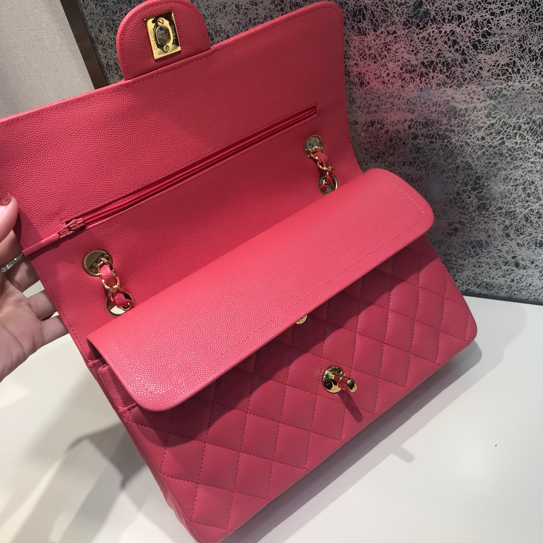 Chanel 香奈儿  Classic Flap 代购版本 25cm 进口小鱼籽酱 西瓜红 金扣