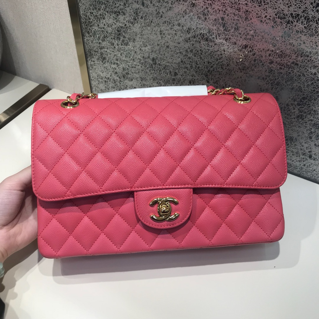 Chanel 香奈儿  Classic Flap 代购版本 25cm 进口小鱼籽酱 西瓜红 金扣