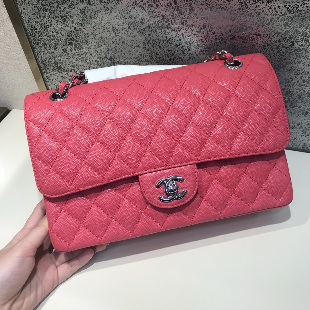 Chanel 香奈儿 Classic Flap 代购版本 25cm 进口小鱼籽酱 西瓜红 银扣